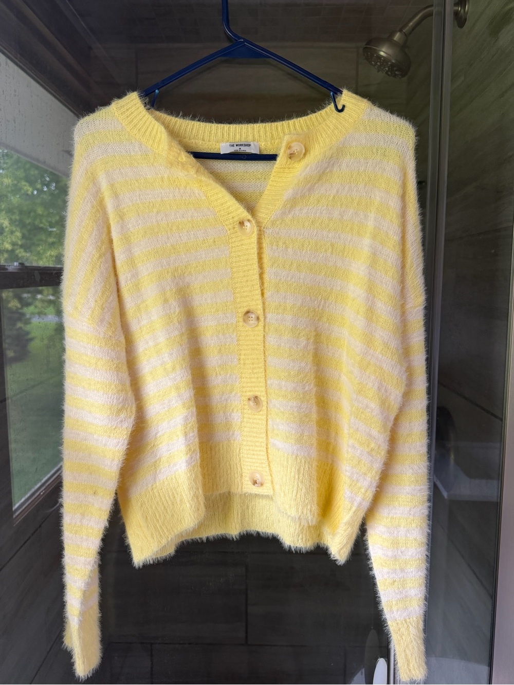 Pale Yellow & White Striped Fuzzy Button Cardigan